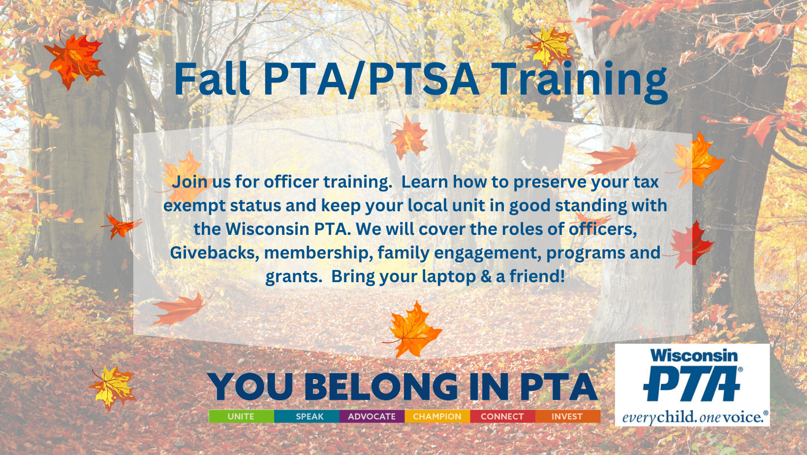 A poster advertising the fall pta training.